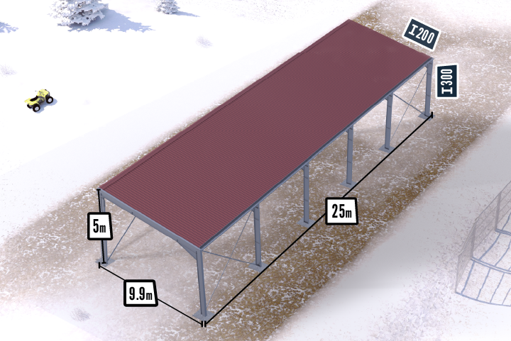 Galvanized reinforced building 250m² for heavy snow load
