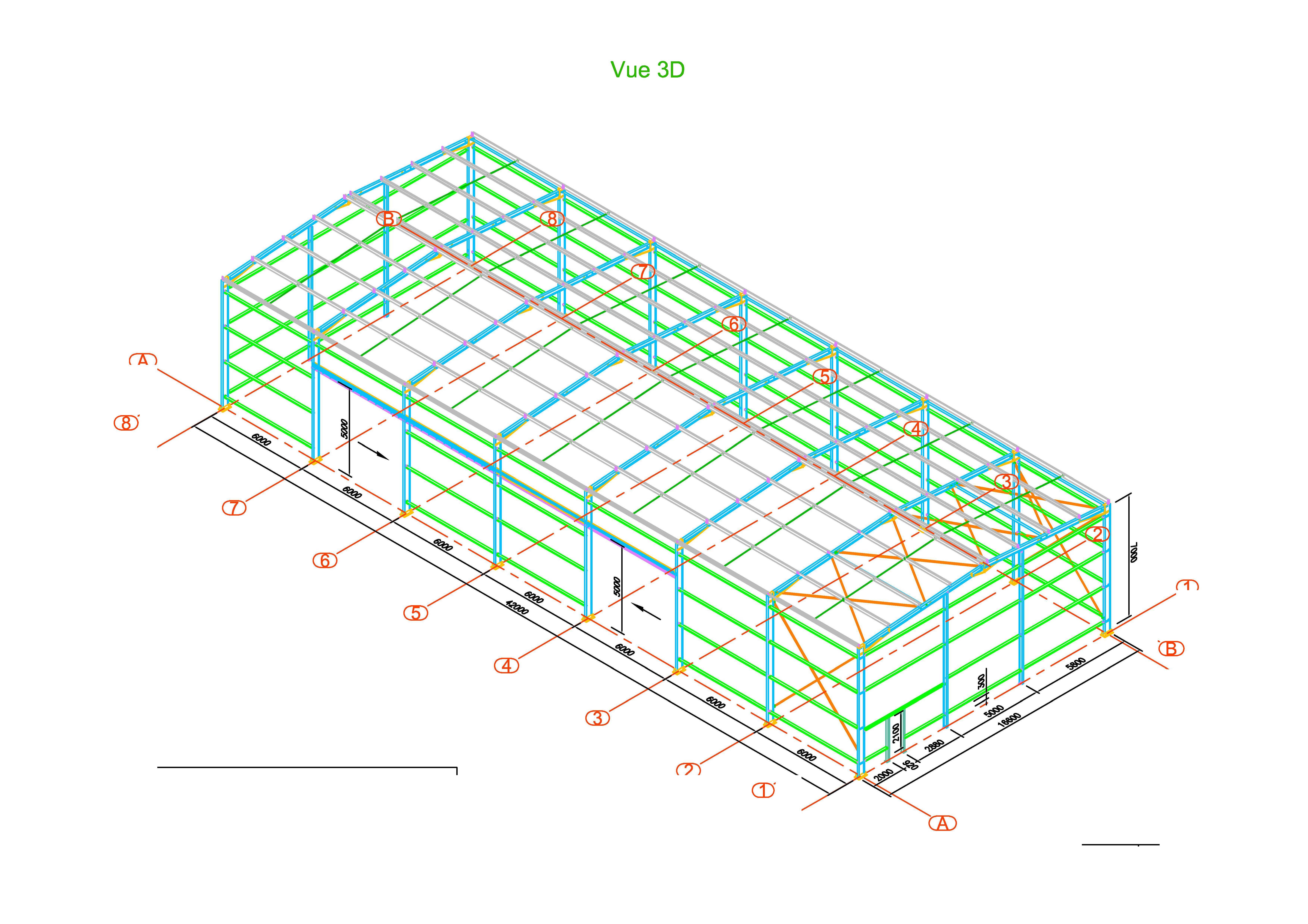 Plan 3D Bâtiment en kit galvanisé fermé de 700m² avec portes sectionnelles