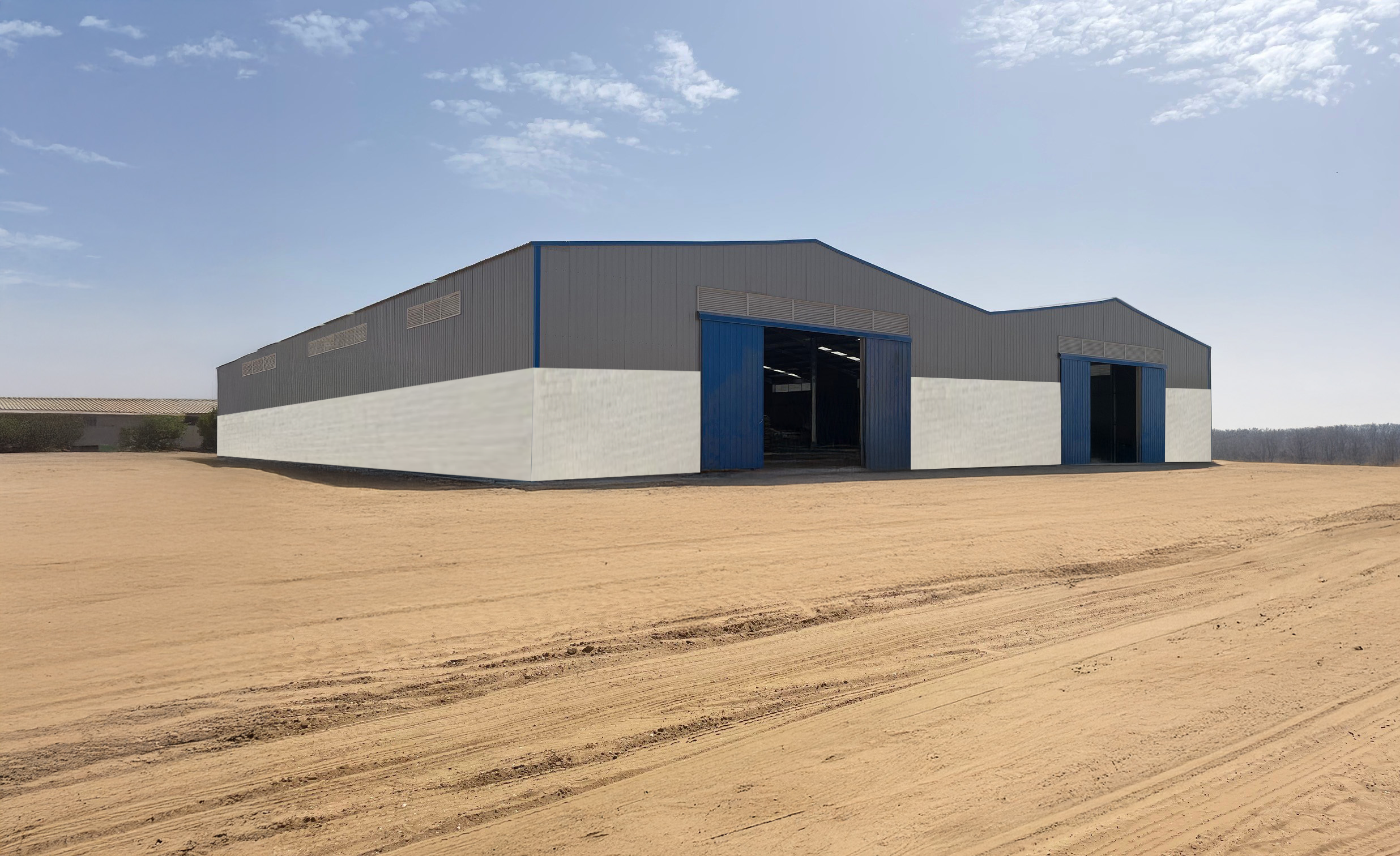 Magasin de stockage sous forme de bâtiment en kit pour vos besoins en espace pour le stockage et la production vu de dehors