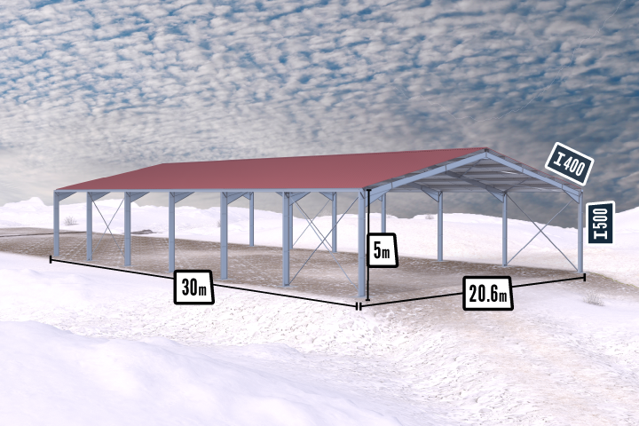 Galvanized reinforced building 620m² for heavy snow load
