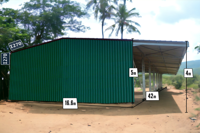 Dimensions magasin de stockage bardés sur trois côtés avec auvent de 4m