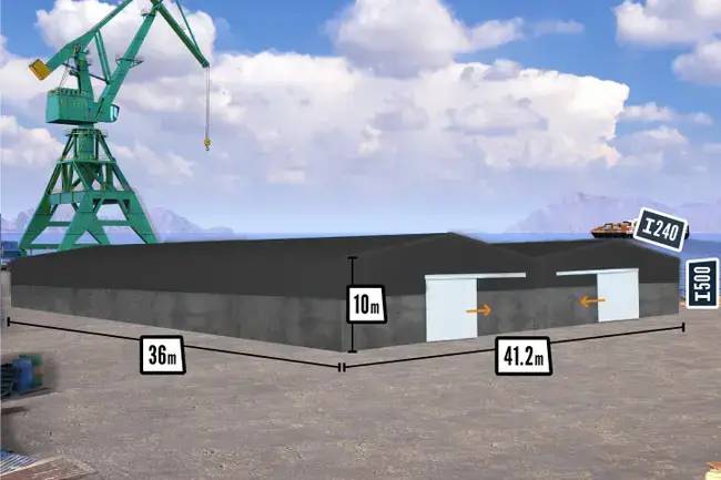 Dimensions bâtiment en kit à usage logistique de près de 1500m² vue de flanc
