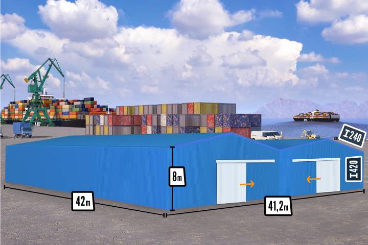 Bâtiment double de 1730m² dans un port en Afrique avec dimensions indiquées