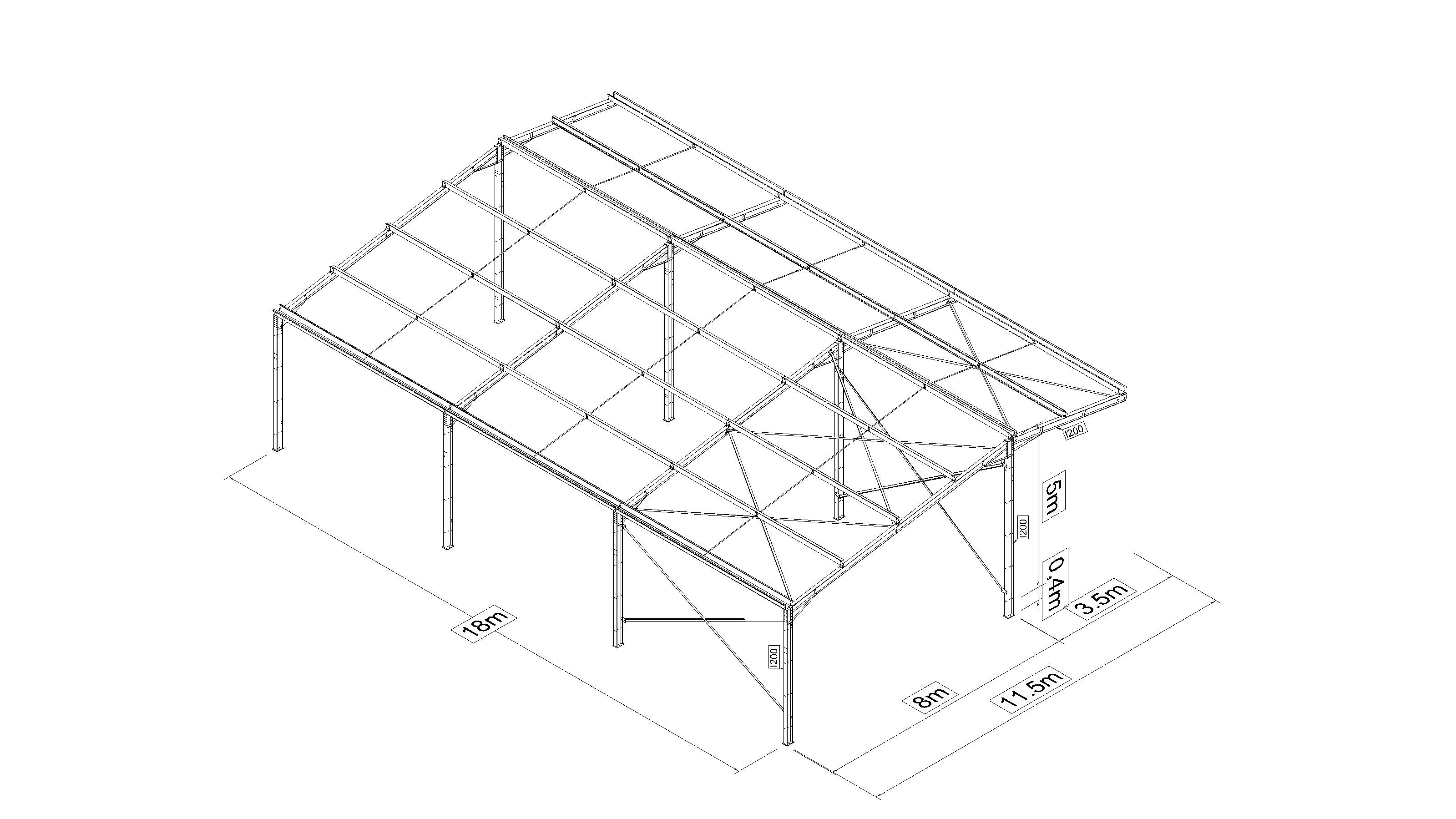 Bâtiment industriel monopente de 200 m² avec auvent, en acier galvanisé