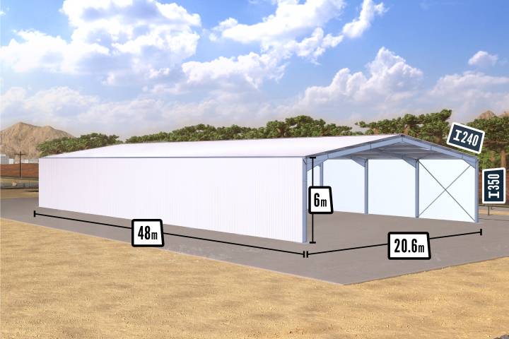Dimensions bâtiment de stockage 988.8m² bardé de 3 côtés