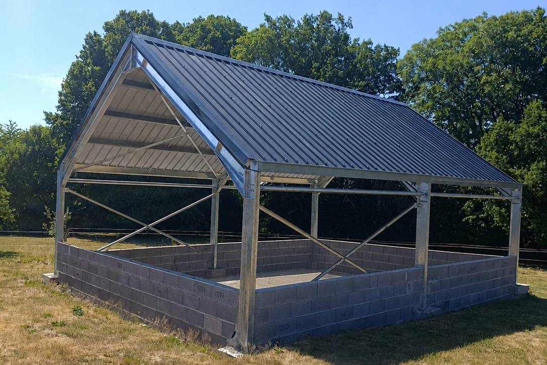 Montage d'un bâtiment métallique en kit : ossature galvanisée, couverture bac acier et soubassement en parpaings