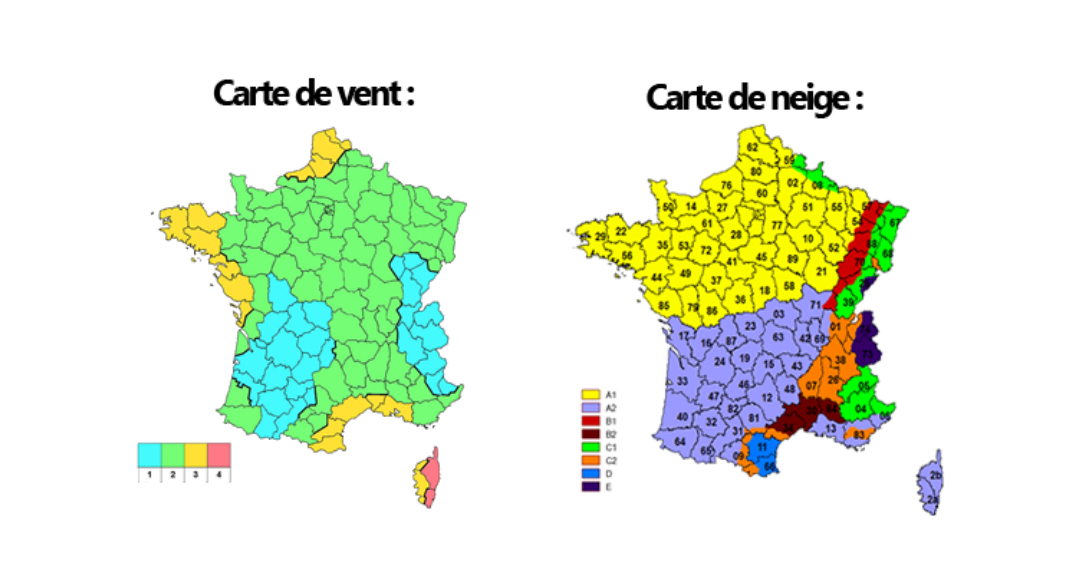 Cartes de France des zones d'implantation éligibles vent et neige