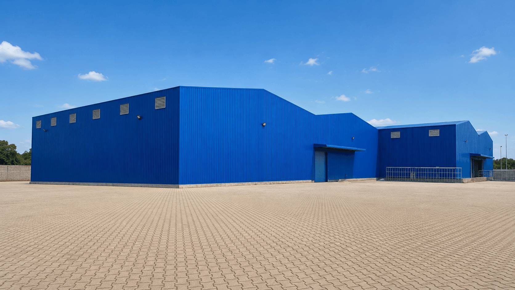 Usine agroalimentaire en bâtiment métallique bleu galvanisé à chaud sur grande aire pavée, Steel Shed for Business