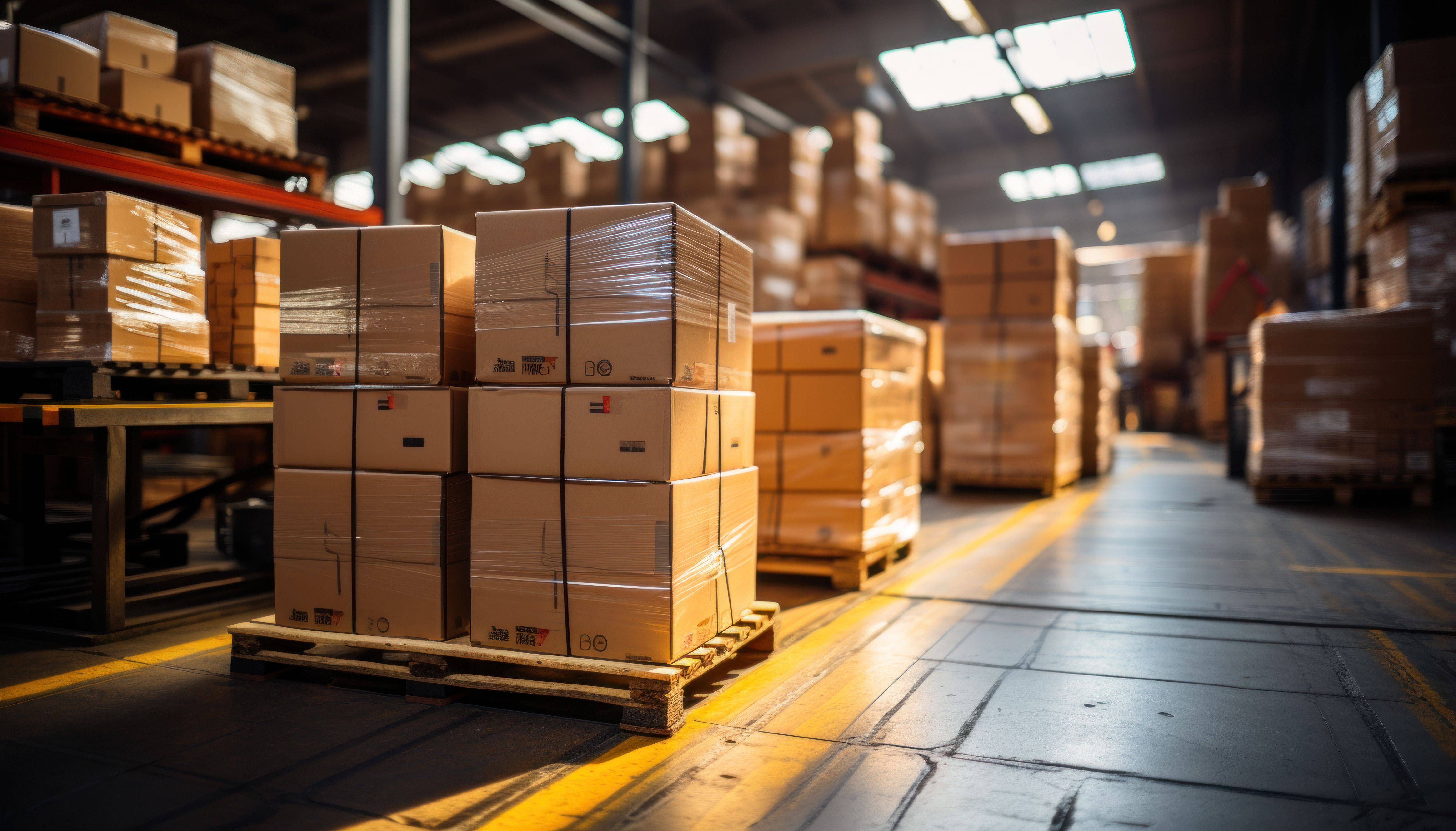 Intérieur d'un entrepôt logistique avec palettes de cartons sur rayonnages