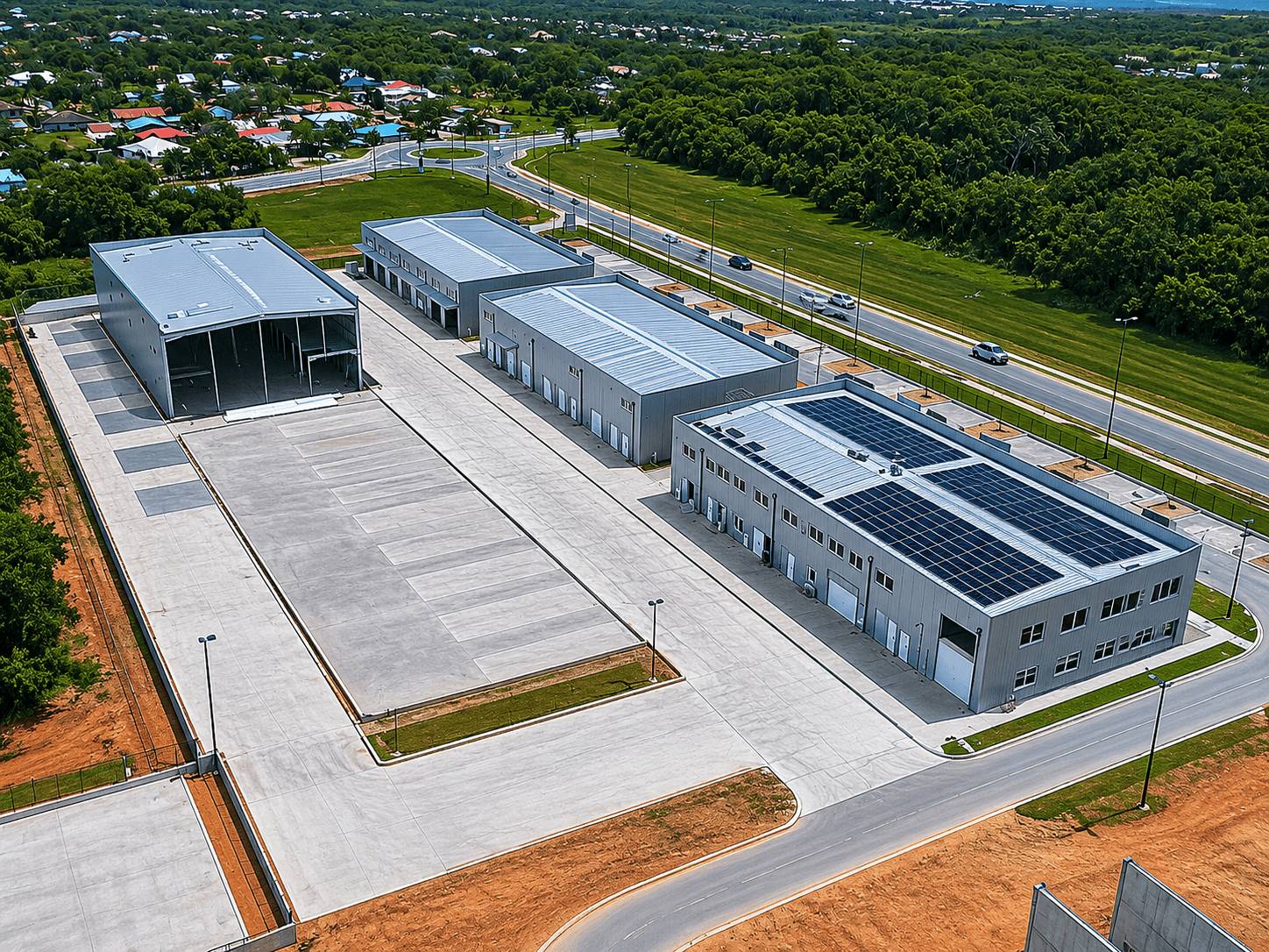 Vue aérienne d'un ensemble de bâtiments métalliques gris avec panneaux photovoltaïques en bordure de route, Steel Shed for Business