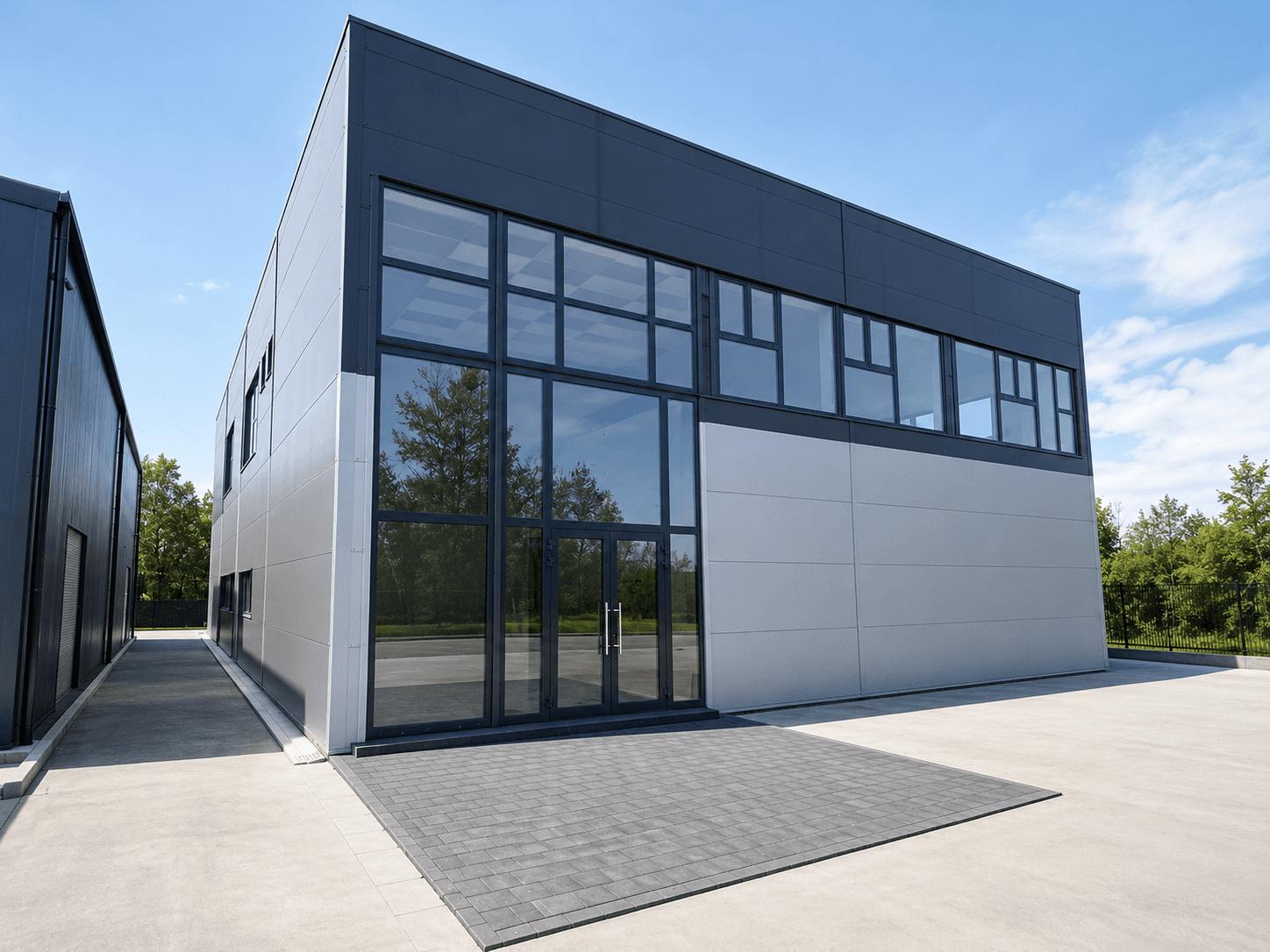 Bâtiment métallique bi-ton avec showroom vitré et dépôt commercial galvanisé à chaud, Steel Shed for Business