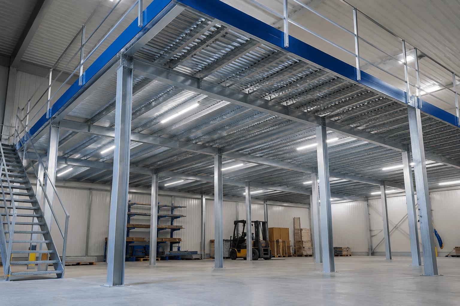 Mezzanine métallique avec escalier dans un bâtiment industriel, Steel Shed for Business