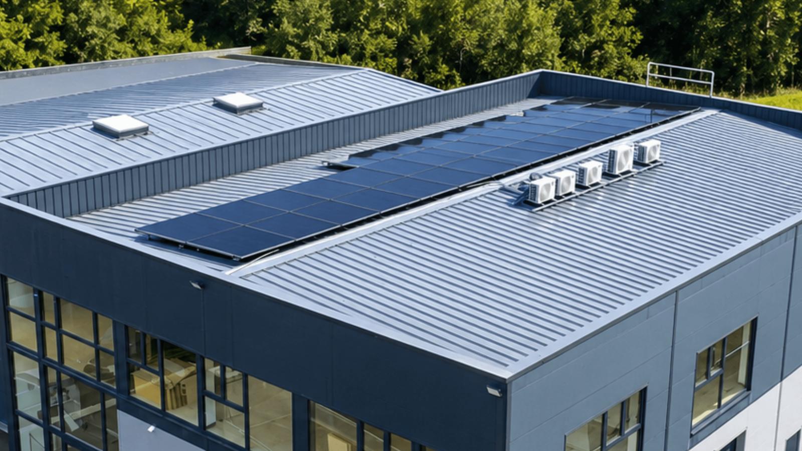 Panneaux photovoltaïques installés sur la toiture d'un bâtiment métallique, Steel Shed for Business