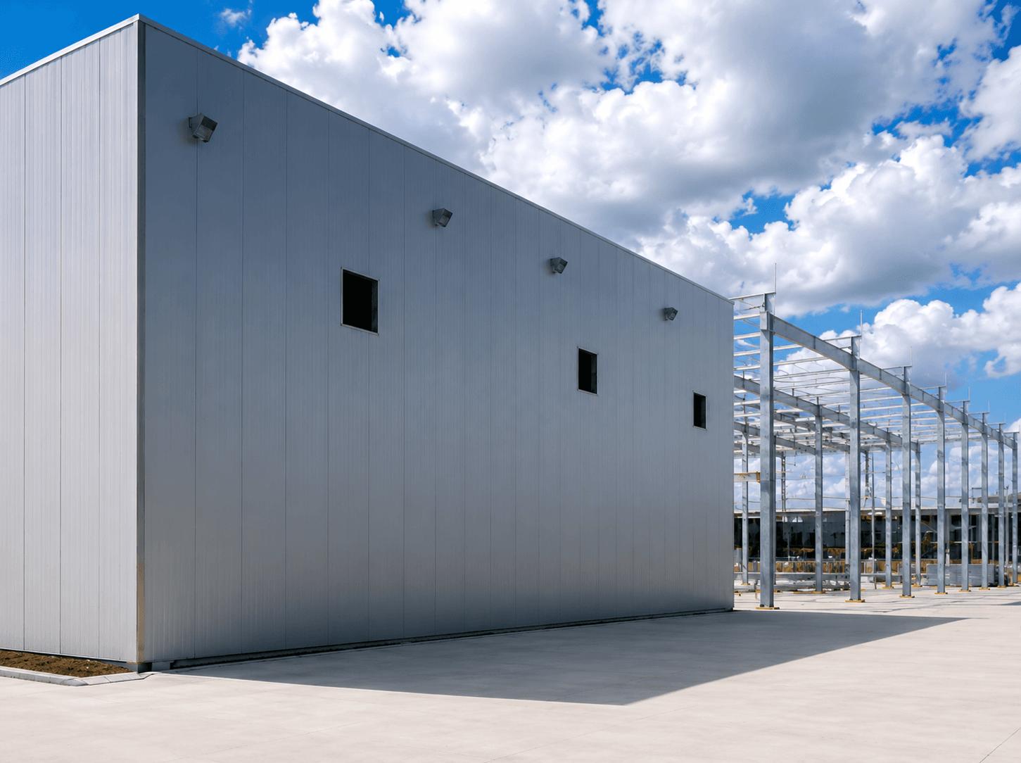 Bâtiment métallique clair avec ossature d'extension en acier, conçu pour évoluer, Steel Shed for Business