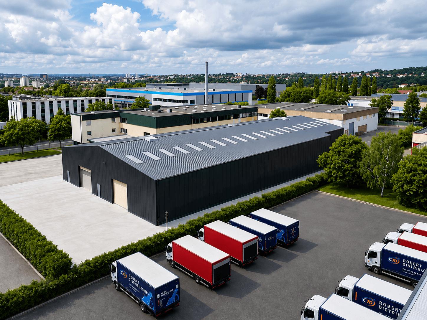 Vue aérienne du bâtiment métallique réalisé pour LOXY à Saint-Ouen-l'Aumône avec flotte de camions, Steel Shed for Business