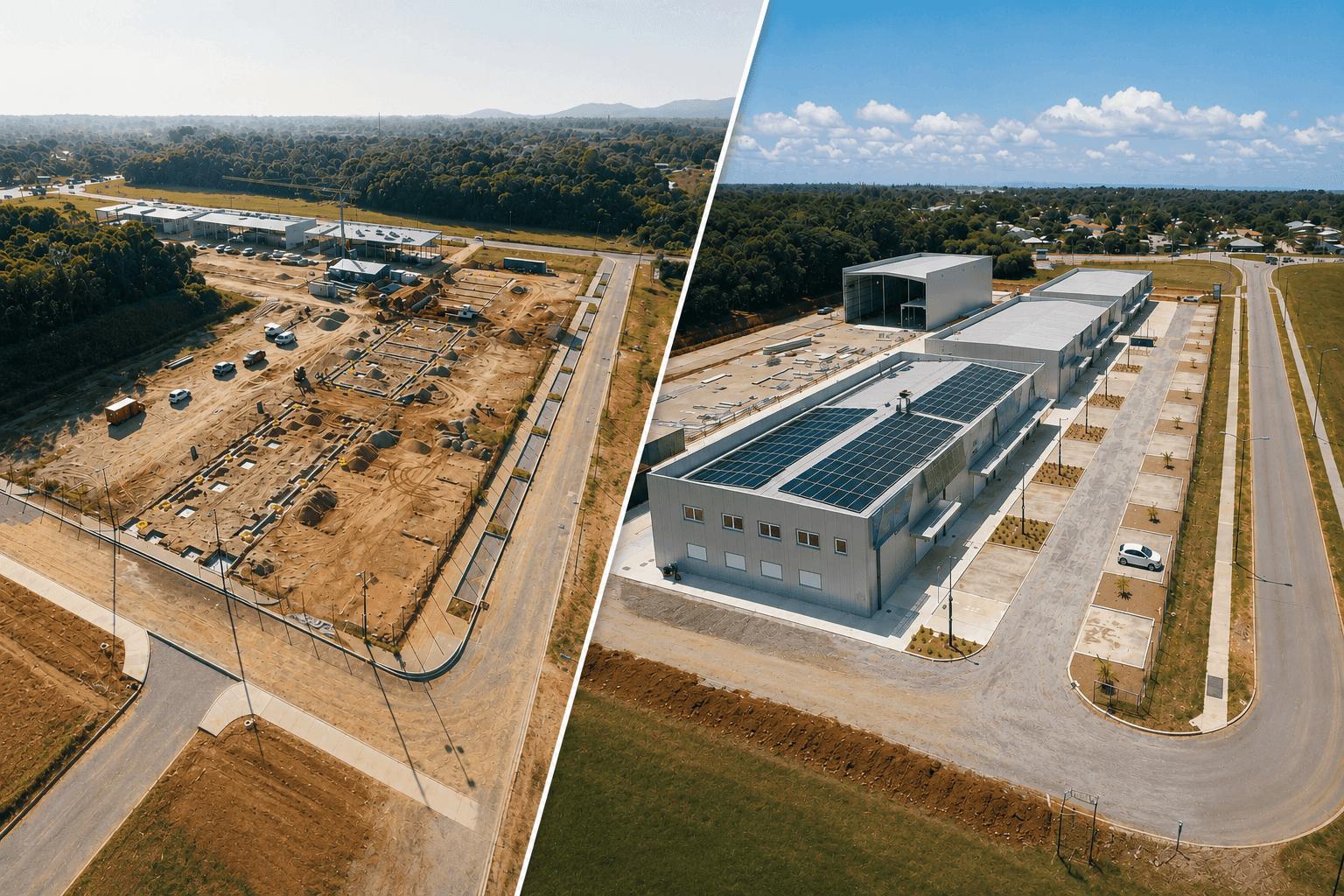 Construction d'un bâtiment métallique sur mesure vus du ciel, du terrassement à la livraison
