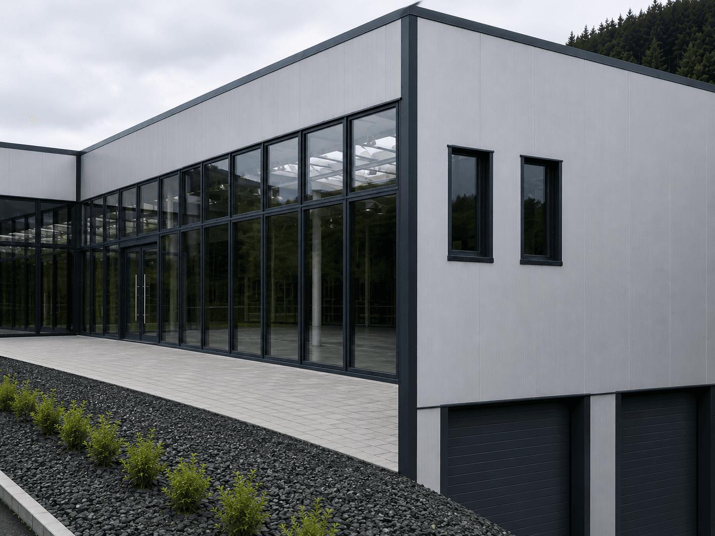 Façade vitrée d'un bâtiment en acier avec fenêtres et portillons intégrés au bardage