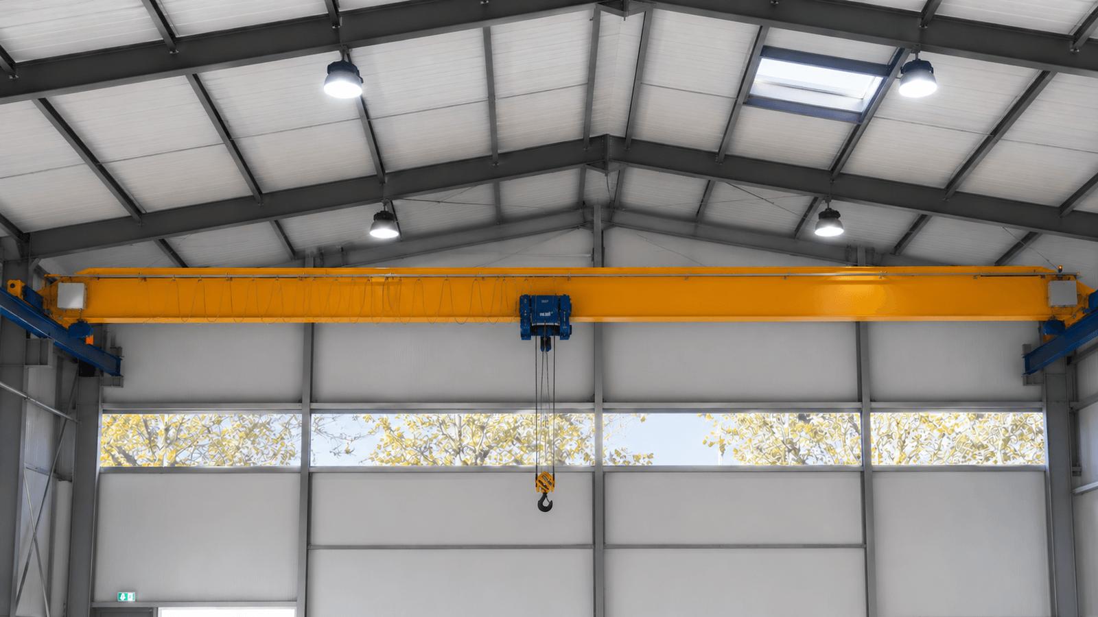 Pont roulant jaune installé dans un bâtiment métallique industriel Steel Shed for Business