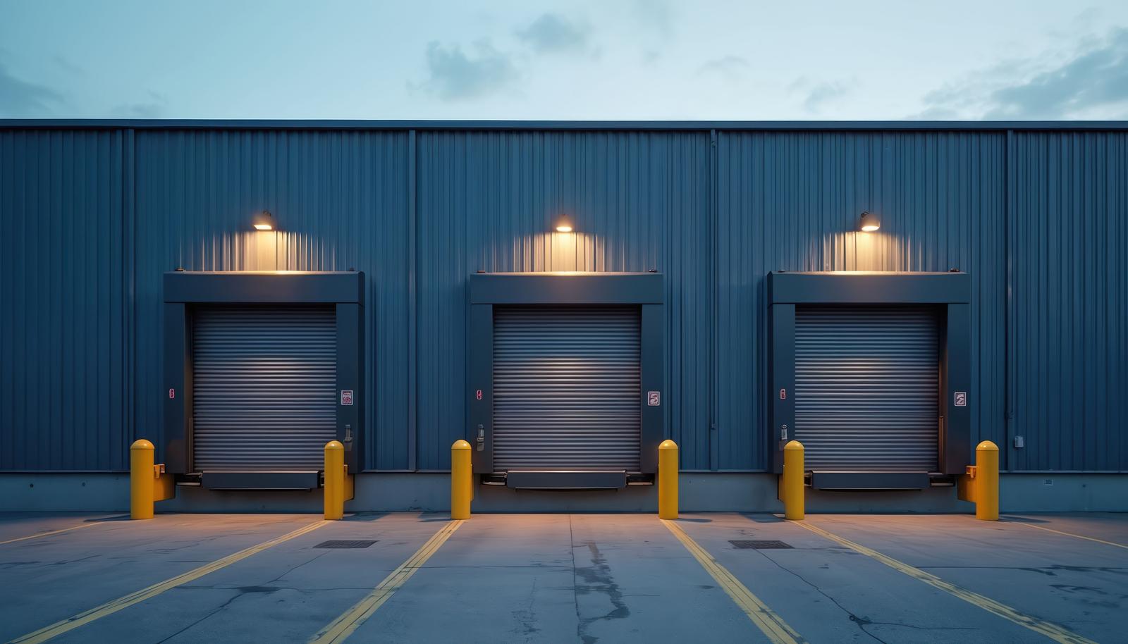 Quais de chargement d'un entrepôt de cross-docking éclairés en fin de journée