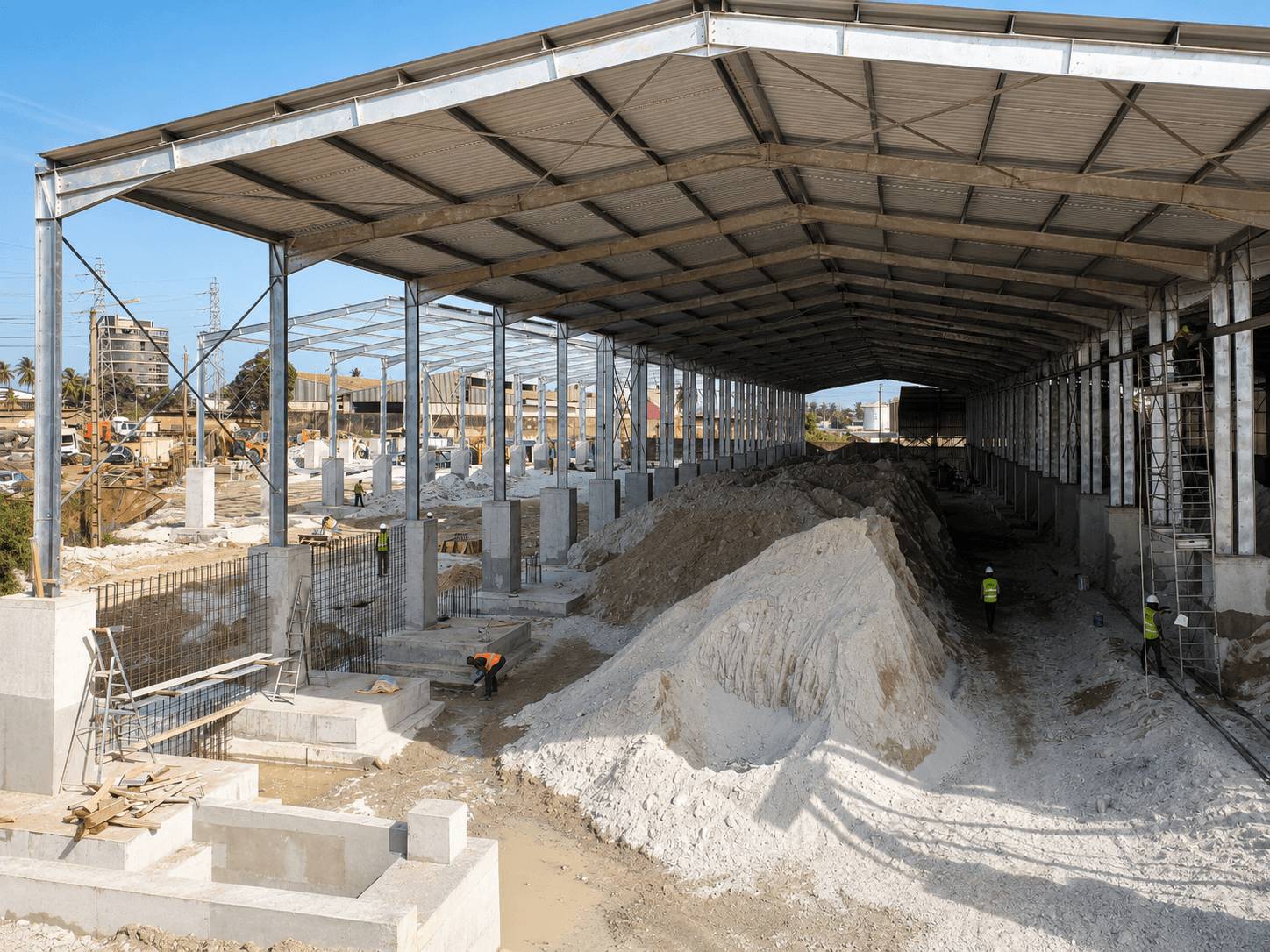 Structure métallique avec toiture posée sur le chantier de stockage LafargeHolcim à Abidjan