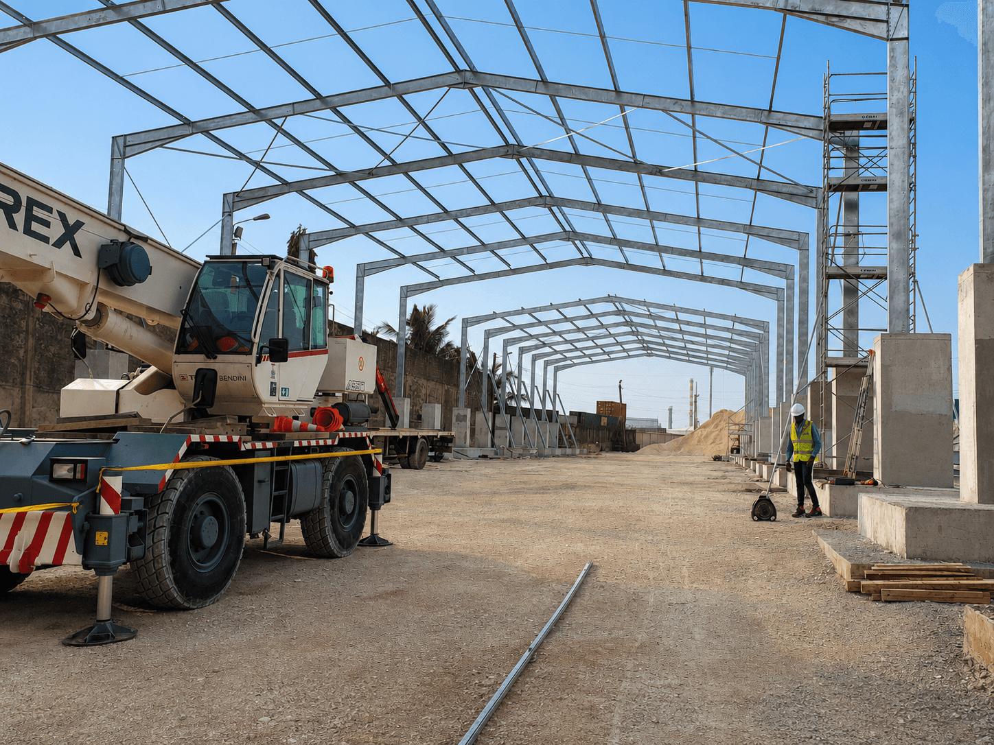 Grue de chantier lors du montage de la charpente métallique du site de stockage LafargeHolcim