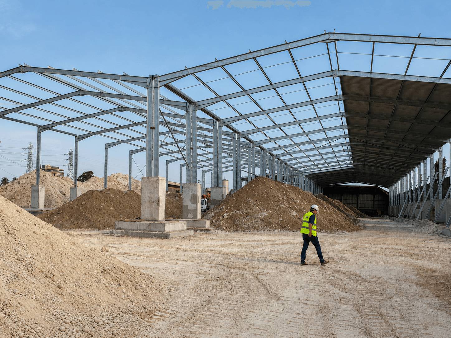 Charpente métallique achevée avec toiture posée sur le site de stockage LafargeHolcim en Côte d'Ivoire