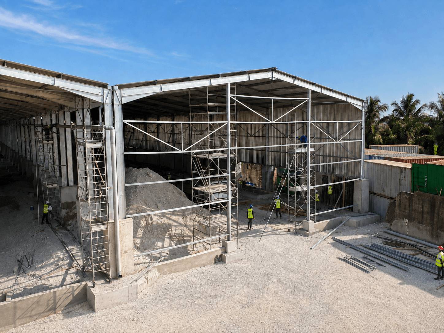 Échafaudage et massifs en béton armé lors de la construction du bâtiment de stockage LafargeHolcim